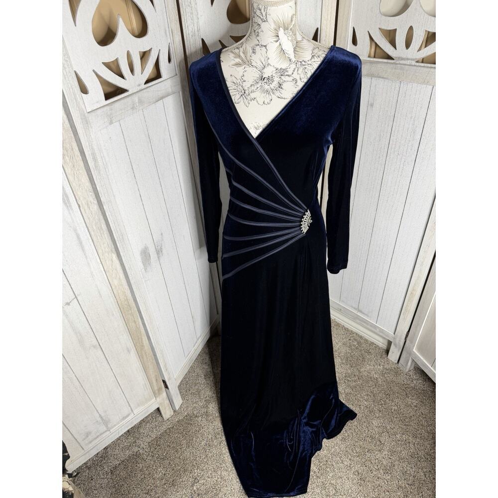 TADASHI Nordstrom Stretch Velvet Ribbon Accent Rhinestone Maxi Blue Dress Small
